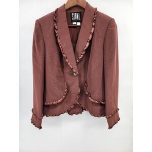 Sioni Couture Womens Brown Ruffle Beaded Trim Blazer Jacket Size 6 Tri-Acetate